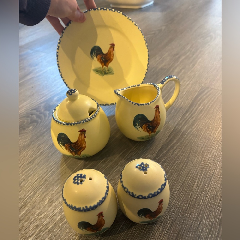 Vintage Gryphonware Ceramic Dish Set Rooster Cream, Sugar, Salt, Pepper, Plate